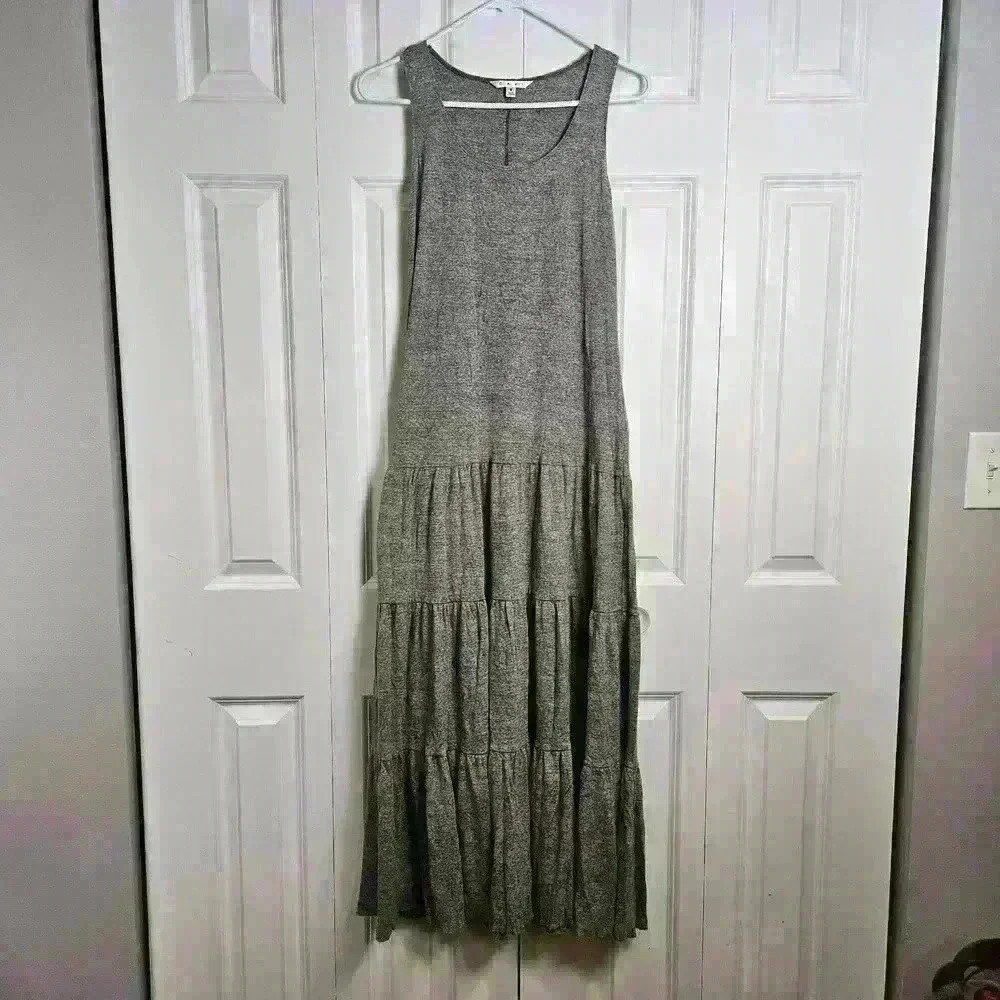 Womens S CAbi Resort Maxi Dress Heather Gray Cotton Knit Tiered Tank Sleeveless